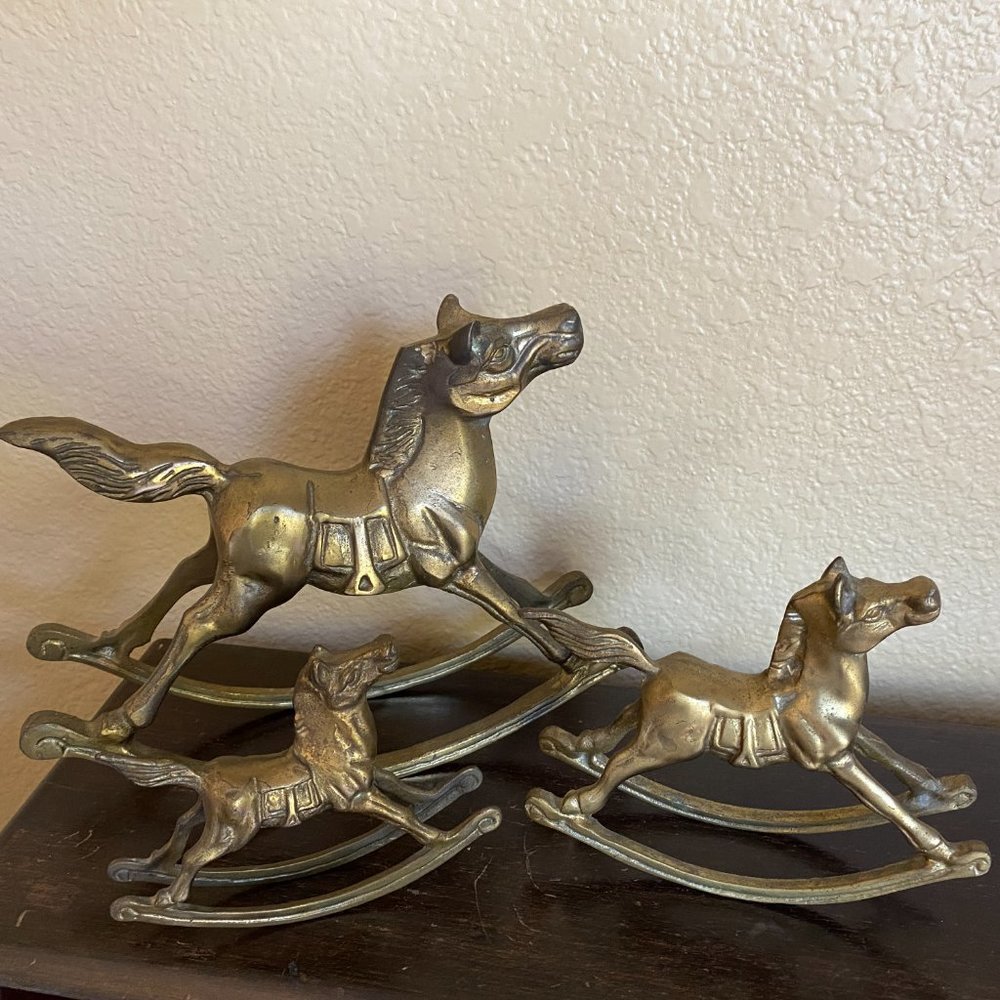 Trio Of Vintage Mid Century Solid Brass Rocking Horses Holiday Decor - Picture 9 of 15
